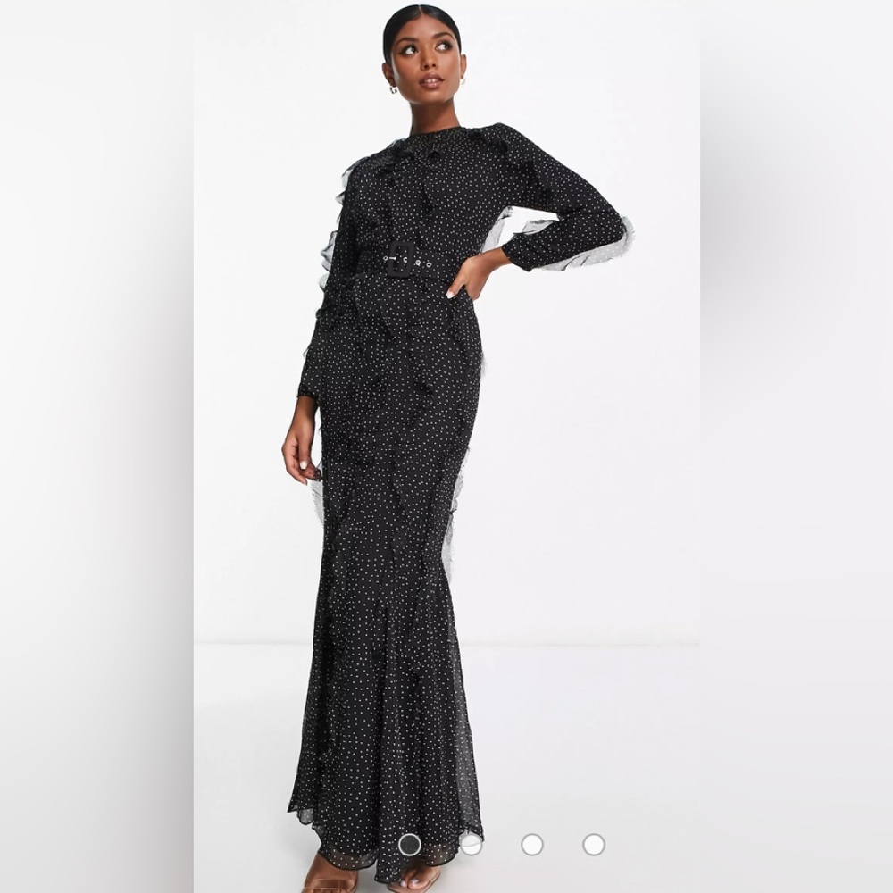 NWT ASOS DESIGN long sleeve ruffle detail maxi in black bases mono spot